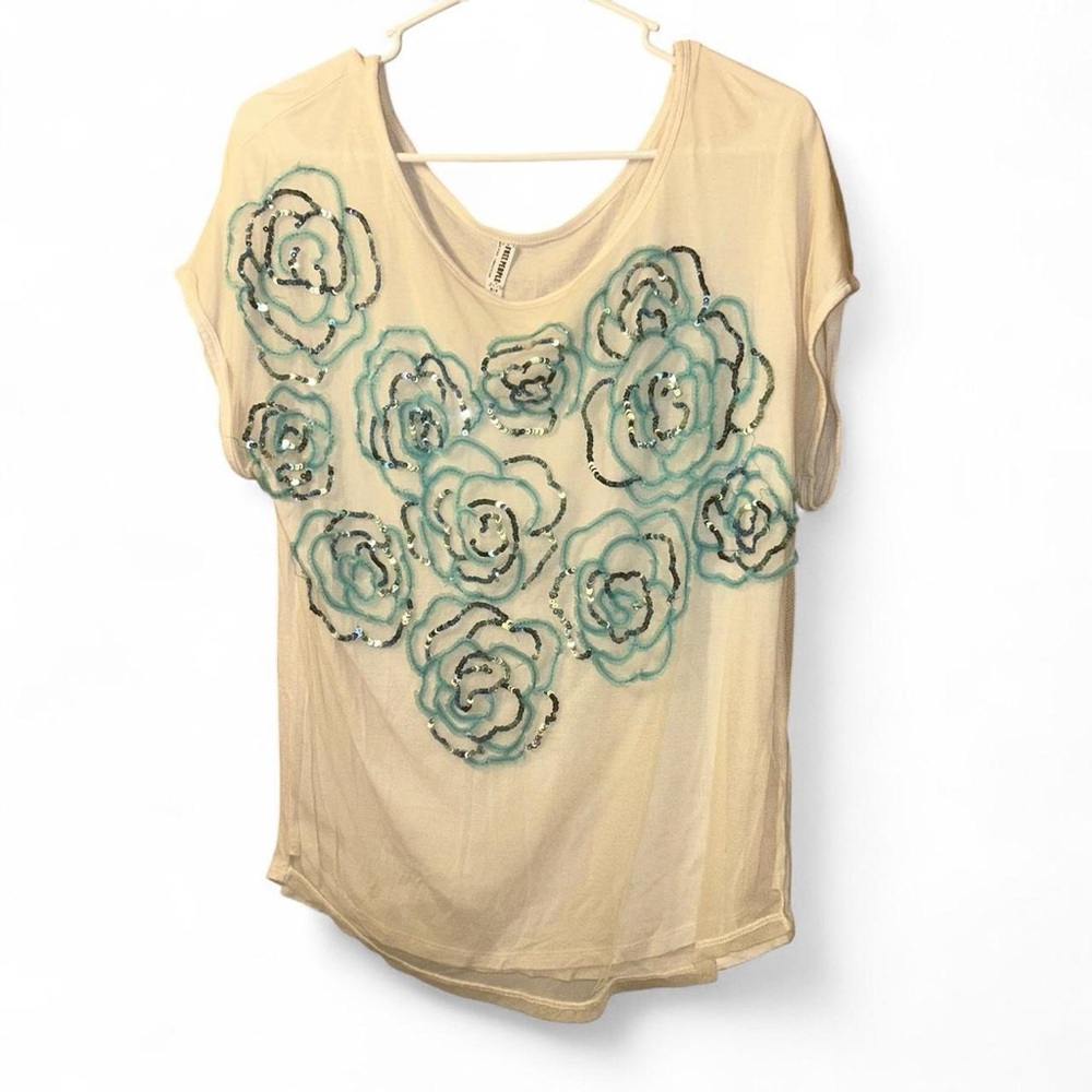 Free People Cream Top with Blue Floral Design